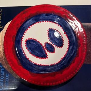 Hand-Painted Abstract Art Decorative Plate Catchall Red & Navy, Signed by Artist